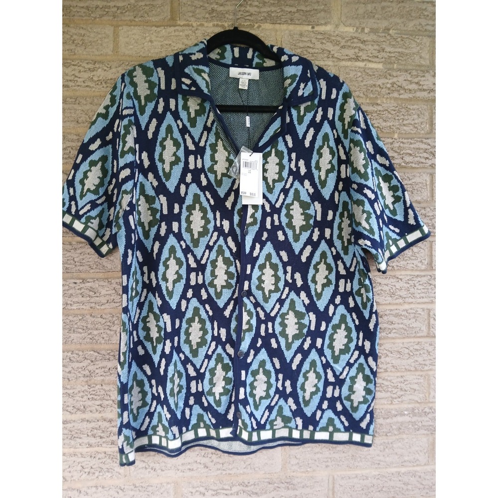 NWT Jason Wu Women's Button-Up Multicolor Knit Polo Shirt Sz L Abstract Print